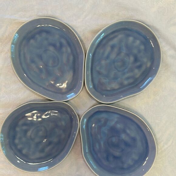 Plates Pottery Blue Cloudy Glazed Asymmetrical Heavy Serve Dinner - Picture 1 of 10